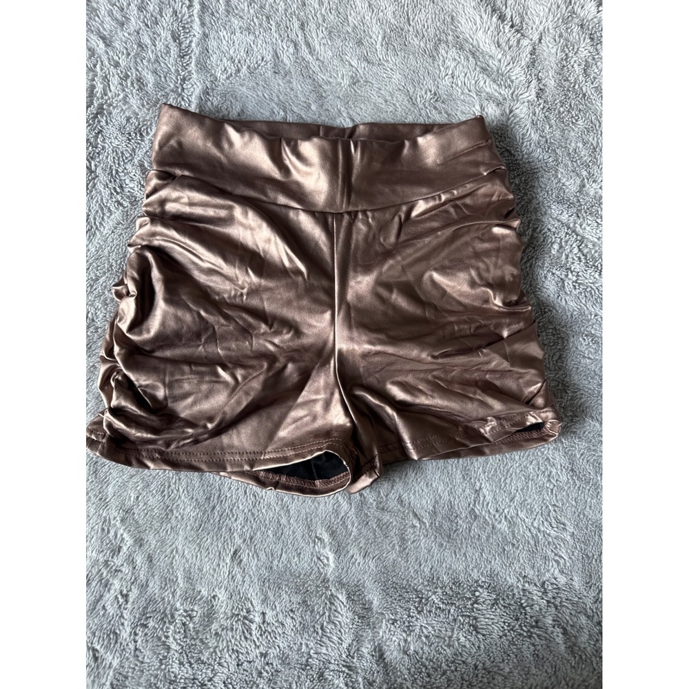 Bronze Metallic Faux Leather Ruched High Waisted Shorts Festival Rave Small